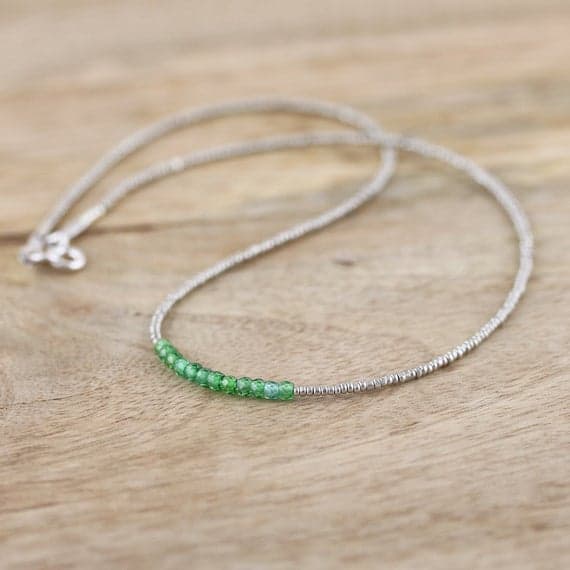 925 sterling Silver Grounding 3-3.5mm stacking Green Green Zircon Necklace Round, Faceted 16" for mens, womens, gf, bf & Adult.