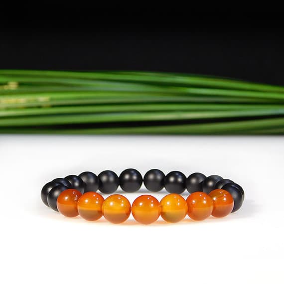 Dainty Slave Loose 8mm Stretchable Black & Orange Carnelian and Matte Onyx Bracelet Round, Smooth 7" for mens, womens, gf, bf & Adult.