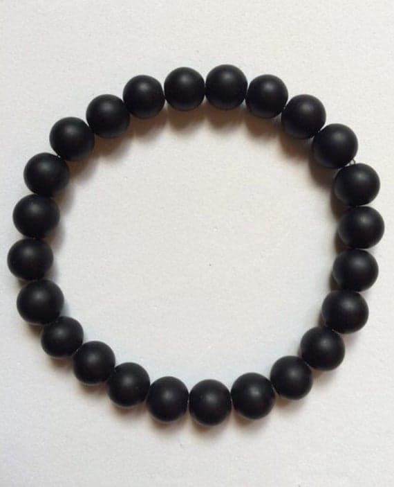 Anniversary Gift 8mm Black Matte black Onyx Stretchable Bracelet Round, Smooth 18cm for mens, womens, gf, bf and adults.