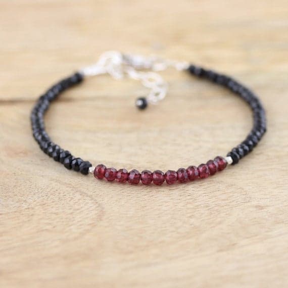 925 sterling Silver top quality Silver helling 3.5mm stacking Black & Red Rhodolite Garnet & Black Spinel  Bracelet Round, Faceted 7" for mens, womens, gf, bf & Adult.
