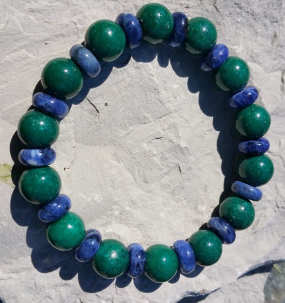 Handmade Beaded 10mm Stretchable green & Blue Mountain Jade & Lapis Lazuli Bracelet Round & Rondelle, Smooth 7" for mens, womens, GF, BF, Adults.