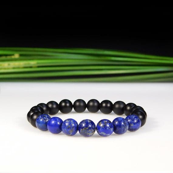 top quality 8mm Stretchable black & Blue Lapis Lazuli and Matte Onyx Bracelet Round, Smooth 7" for mens, womens, gf, bf & Adult.