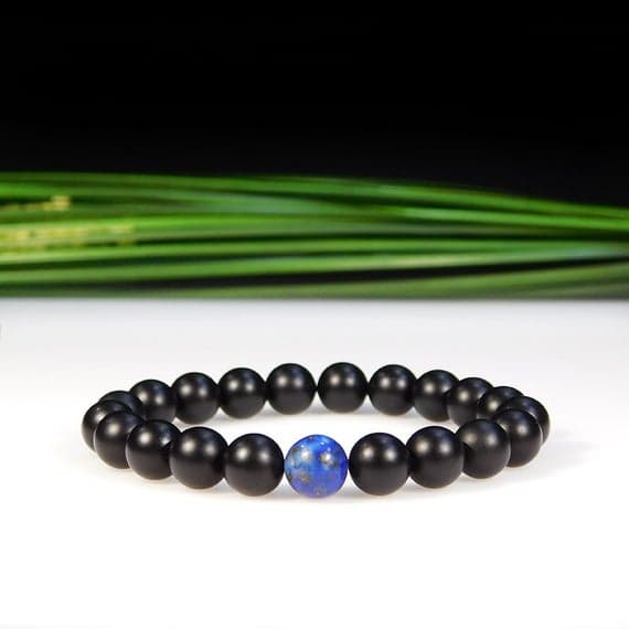 memorial gift 8mm Stretchable black & Blue Lapis Lazuli and Matte Onyx Bracelet Round, Smooth 7" for mens, womens, gf, bf & Adult.
