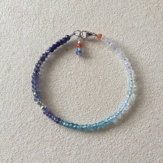 Moonstone Aquamarine Sky Blue Topaz Apatite Tanzanite Iolite Blue Sapphire Karen Hill Tribe Thai Bracelet, Sundance Style Boho 3-4mm Code- WAR6474