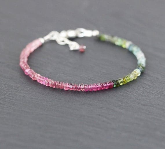 925 sterling Silver Handmade Beaded 3.5mm stacking Multi Watermelon Tourmaline Bracelet Rondelle, Faceted 7" for mens, womens, gf, bf & Adult.