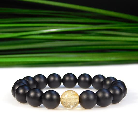 Artisan Loose 10mm Stretchable Black & Yellow Citrine and Matte Onyx Bracelet Round, Smooth 7.5" for mens, womens, gf, bf & Adult.