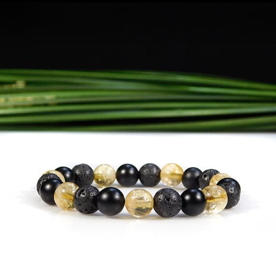 Galaxy Jewelry 8mm Stretchable Black & Yellow Citrine, Onyx, and Lava Rock Bracelet Round, Smooth 7" for mens, womens, gf, bf & Adult.