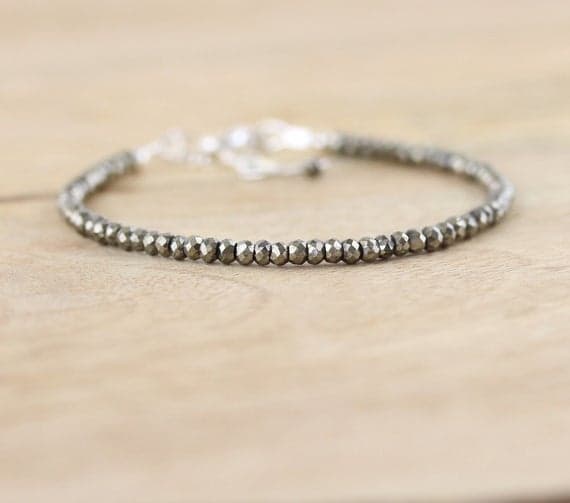 925 sterling Silver Positive Energy 3mm stacking Black Pyrite Bracelet Rondelle, Faceted 7" for mens, womens, gf, bf & Adult.