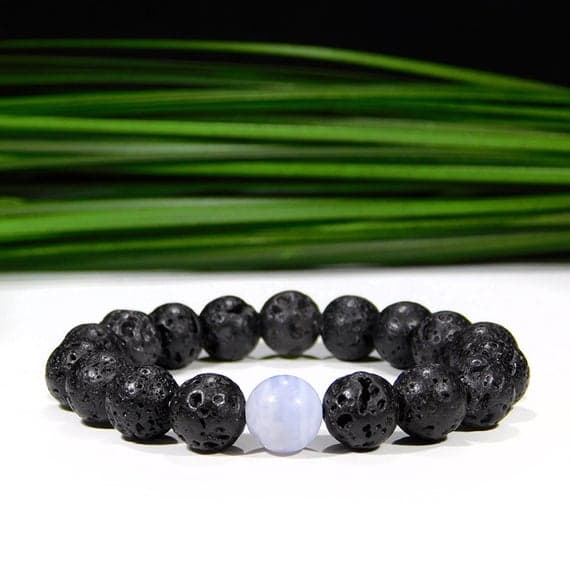 Handmade Beaded 10mm Stretchable Blue & Black Blue Lace Agate and Lava Rock  Bracelet Round, Smooth 7.5" for mens, womens, gf, bf & Adult.