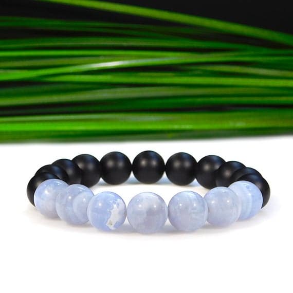 Jewelry Energy 10mm Stretchable Blue & Black Blue Lace Agate and Matte Onyx  Bracelet Round, Smooth 7.5" for mens, womens, gf, bf & Adult.