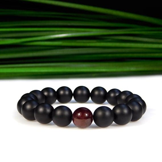 Positive Energy 10mm Stretchable Black & Red Garnet and Matte Onyx Bracelet Round, Smooth 7.5" for mens, womens, gf, bf & Adult.