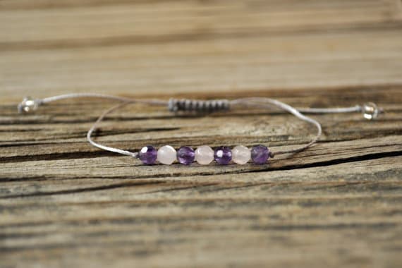 Positive Energy 4 mm adjustable pink & Purple Rose Quartz, Amethyst Bracelet Round, Faceted 7" for mens, womens, GF, BF, Adults.