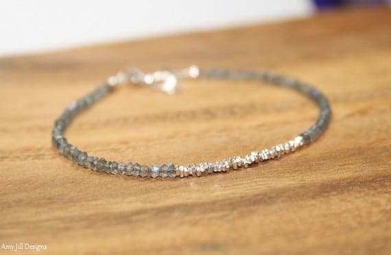 925 sterling Silver memorial gift Silver Helling 2.5mm stacking Gray Labradorite Bracelet Rondelle, Faceted 7' for mens, womens, gf, bf & Adult.