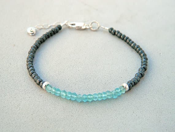 925 Steling Silver Anxiety Gemstone 3-3.5 mm Adjustable Stracking Blue & Black Apatite & Hematite Bracelet Rondelle, Faceted 7" for mens, womens, GF, BF, Adults.