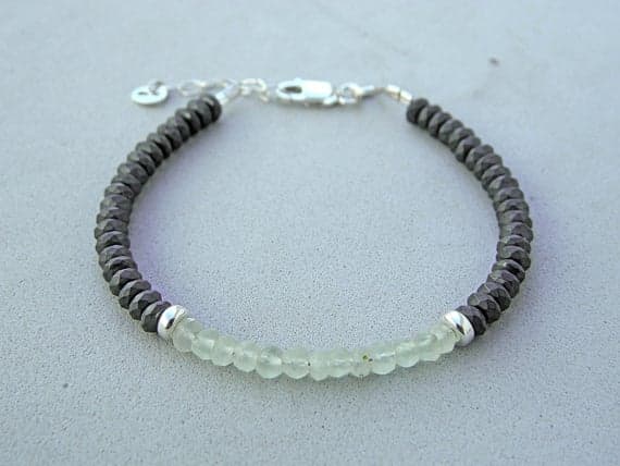 925 Steling Silver Jewelry Energy 4 mm Adjustable Stracking green & Black Prehnite & Hematite Bracelet Rondelle, Faceted 7" for mens, womens, GF, BF, Adults.