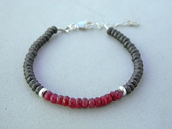 925 steling Silver memorial gift 4 mm Adjustable Stracking red & Black Ruby & Hematite Bracelet Rondelle, Faceted 7" for mens, womens, GF, BF, Adults.
