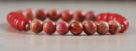 Rose Gold love beach youth 6mm Red Imperial Jasper, Howlite Stretchable Bracelet Round, Smooth 18cm for mens, womens, gf, bf and adults.
