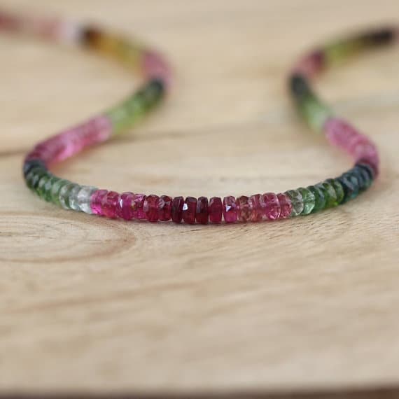 925 sterling Silver Unique Wedding Gift 3.5mm stacking Multi Watermelon Tourmaline Necklace Rondelle, Faceted 16" for mens, womens, gf, bf & Adult.