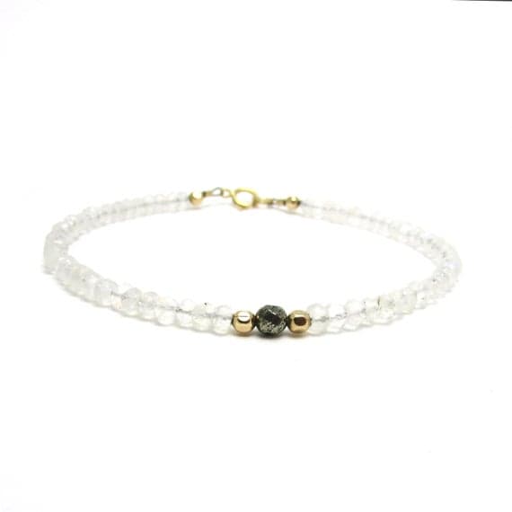 24k gold Plated Dainty Slave Loose, gold helling 3.5 mm Stracking white Rainbow moonstone Bracelet Rondelle, Faceted 7" for mens, womens, GF, BF, Adults.