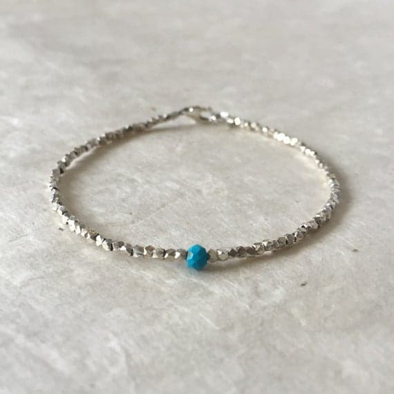 Single Turquoise Karen Hill Tribe Thai Silver Beaded Bracelet, Sundance Style, Boho Stacking Bracelet 3-4 mm Code- WAR6391