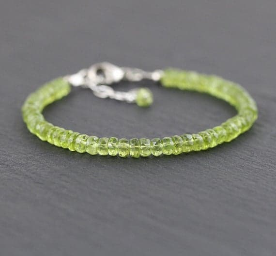 925 sterling Silver Handmade Beaded 5mm stacking Green Peridot Bracelet Rondelle, Faceted 7" for mens, womens, gf, bf & Adult.