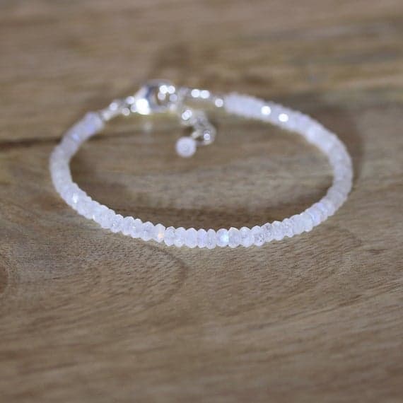 925 sterling Silver chakras simple 3.5mm stacking White Rainbow Moonstone Bracelet Rondelle, Faceted 7" for mens, womens, gf, bf & Adult.