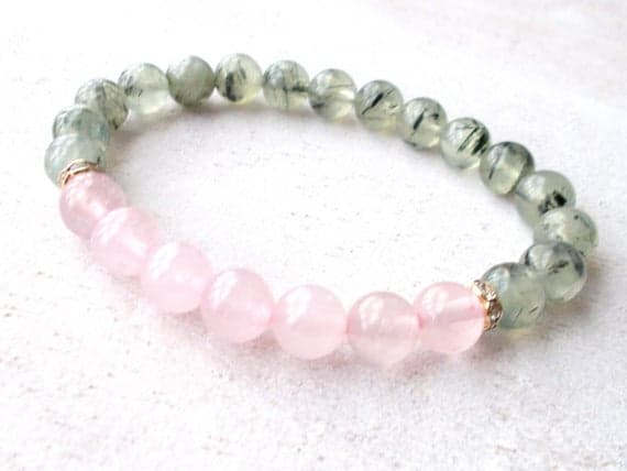 Heart Chakra Bracelet, Rose Quartz Healing Bracelet, Gemstone Bracelet, Yoga Gifts, Prehnite Bracelet - Unconditional Love, Forgiveness 5-6mm Code- WAR6862